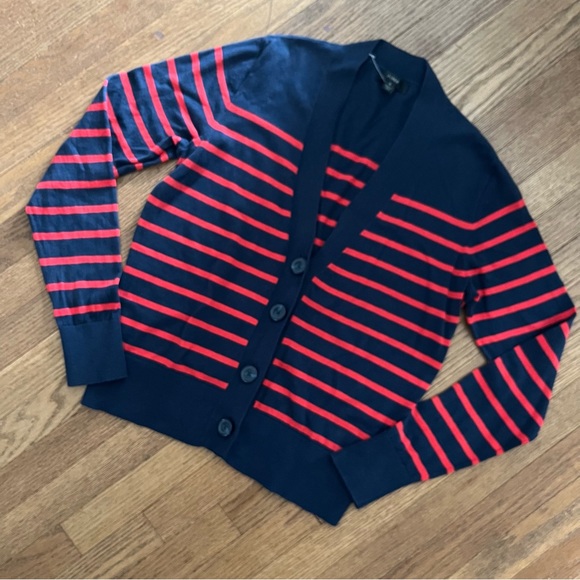 J. Crew Sweaters - J.Crew Cardigan Navy & Red Stripes Button Up Cotton Size Small